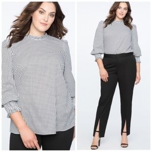 Eloquii Houndstooth Ruffle Neck Smock Cuffed Top